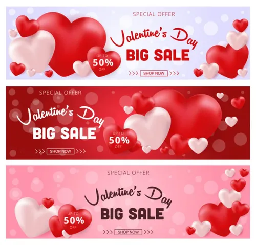 红心气球粉红系情人节/告白日/新婚季/女神节促销矢量海报素材 Valentines Day