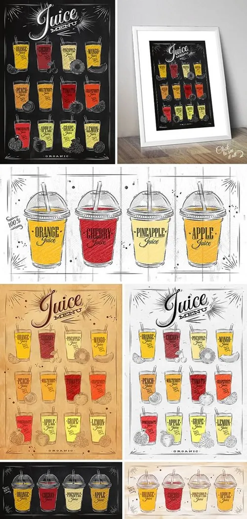 手绘果汁插图素材Set Juice Posters