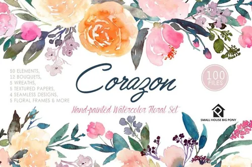 水彩手绘玫瑰花牡丹花卉剪贴画素材合辑 Corazon - W