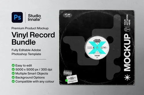 潮流做旧艺术废旧黑胶唱片纸袋包装设计贴图样机模板 Vinyl Record - Mockup Bundle