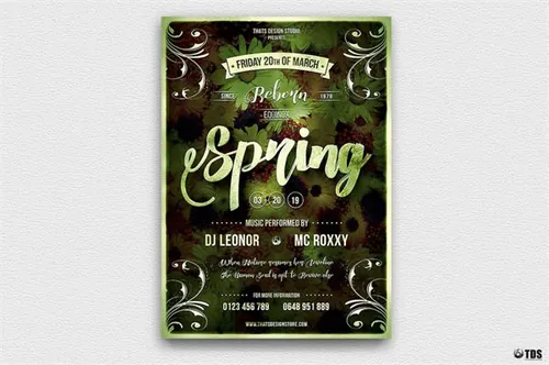 春季繁花绿叶背景传单海报PSD模板 Spring Equinox Flyer Template V1