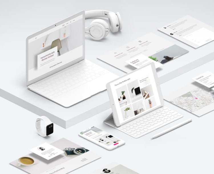 系列单色白色等距设备和UI元素 UI Monochrome Psd Devices Pack