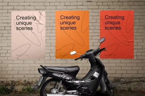 户外皱巴巴的宣传单海报墙面广告设计贴图展示样机PSD模板 W