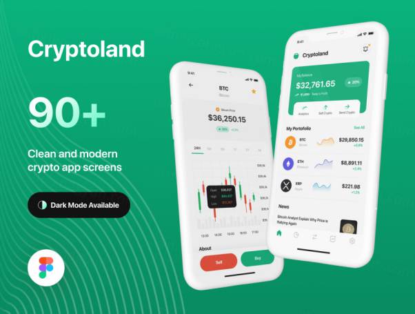 绿色数字加密货币交易市场移动APP界面UI素材 Cryptoland