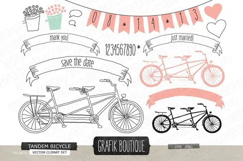 手绘装饰生日派对装饰素材包Tandem bicycle pink hand drawn
