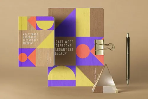 一款优雅的高品质牛皮纸质感psd笔记本套装样机 Psd Kraft Notebook Set Mockup