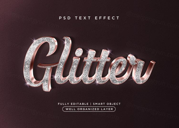 高质量珠光宝气玫瑰金3D立体字金属字体效果PSD模板素材 3