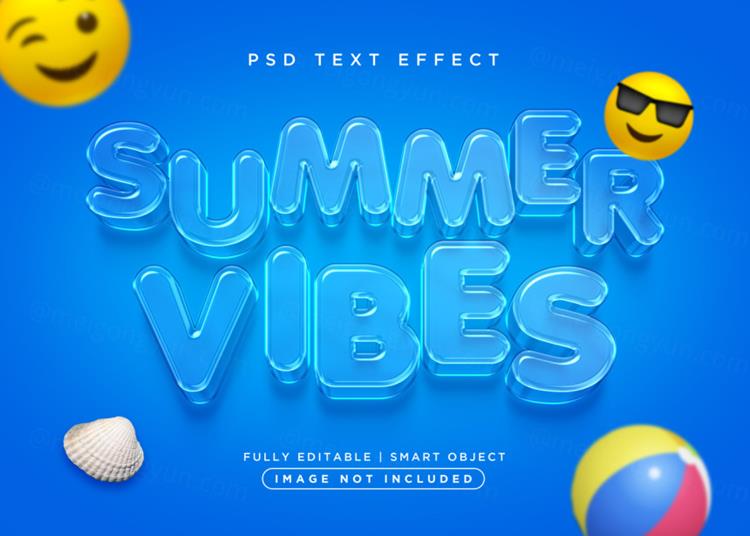 高质量3D立体字夏季清爽透明玻璃字体效果PSD模板素材 3d