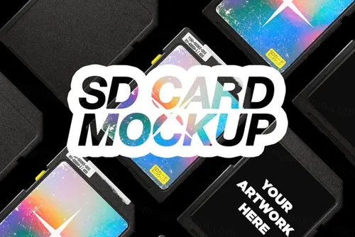 复古老物件带有塑料胶带塑料盒的闪存卡内存卡存储卡样机模板 SD Card Memory Mockup