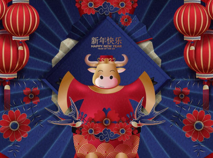 2021年中国剪纸风日式梅色春节传统装饰燕子花卉灯笼玫红色背景矢量海报插画素材