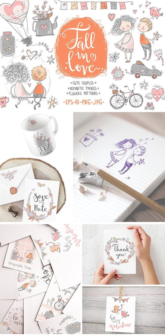 浪漫爱情主题卡通手绘素材 Graphic KIT