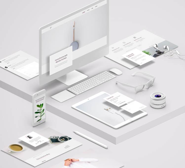 单色白色等距设备和UI元素样机 UI Monochrome Psd Devices Pack Vol2