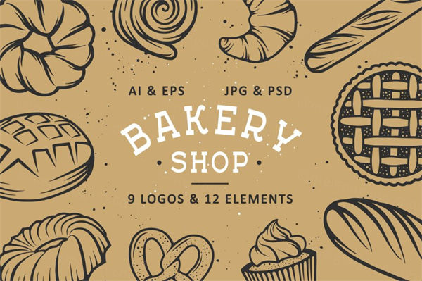 复古咖啡厅糕点面包房矢量元素图案合集包 Set of bakery logos and elements