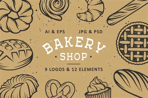 复古咖啡厅糕点面包房矢量元素图案合集包 Set of bakery logos and elements
