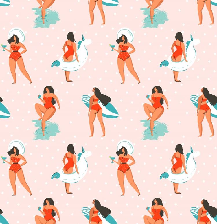 夏季暑假夏天海滩女孩火烈鸟夏日装饰无缝拼接图案素材 Summ
