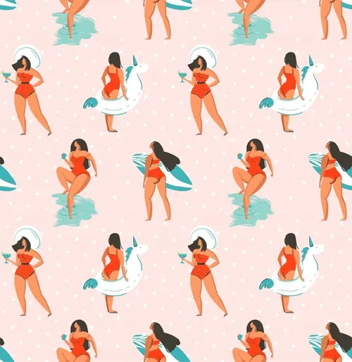 夏季暑假夏天海滩女孩火烈鸟夏日装饰无缝拼接图案素材 Summ