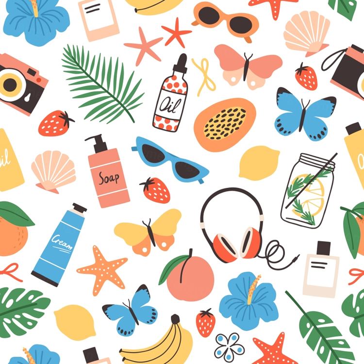 夏季暑假夏天海滩水果饮料夏日装饰无缝拼接图案素材 Summe