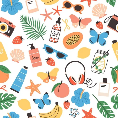 夏季暑假夏天海滩水果饮料夏日装饰无缝拼接图案素材 Summe