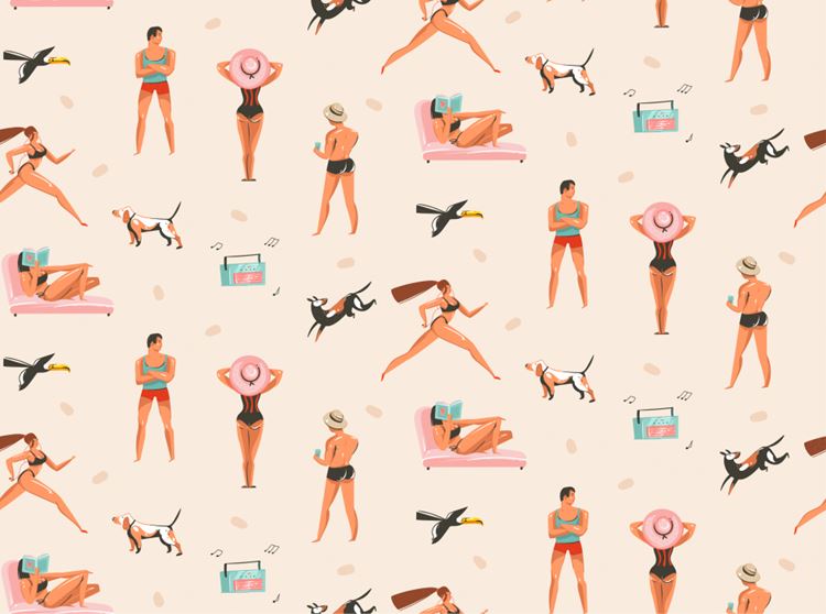 夏季暑假夏天海滩比基尼女孩男孩夏日装饰无缝拼接图案素材 Su