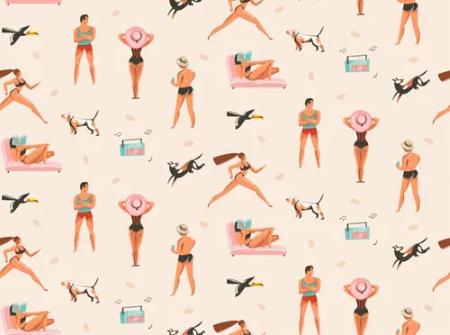 夏季暑假夏天海滩比基尼女孩男孩夏日装饰无缝拼接图案素材 Su