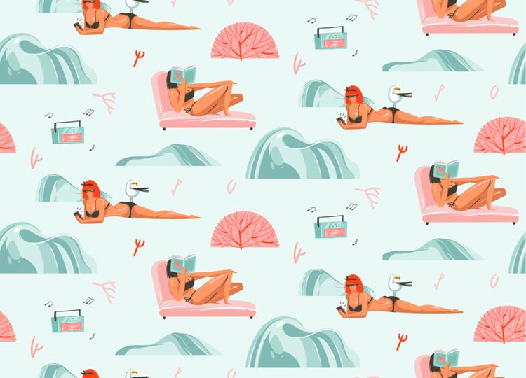 夏季暑假夏天海滩比基尼女孩夏日装饰无缝拼接图案素材 Summ