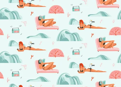 夏季暑假夏天海滩比基尼女孩夏日装饰无缝拼接图案素材 Summ