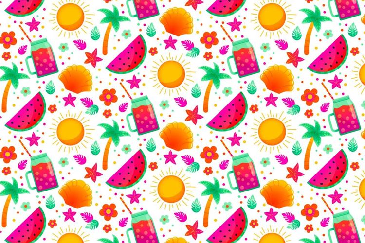 夏季暑假夏天海滩水果饮料夏日装饰无缝拼接图案素材 Summe