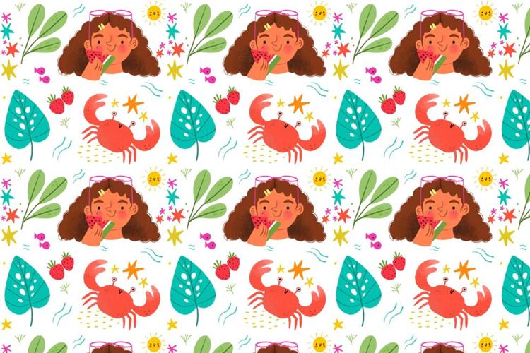 夏季暑假夏天水果饮料女孩夏日装饰无缝拼接图案素材 Summe