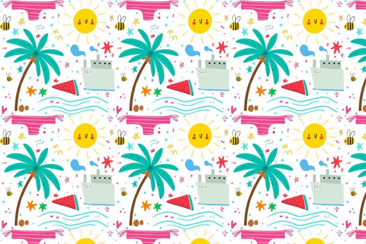 夏季暑假夏天海滩棕榈树水果饮料夏日装饰无缝拼接图案素材 Su