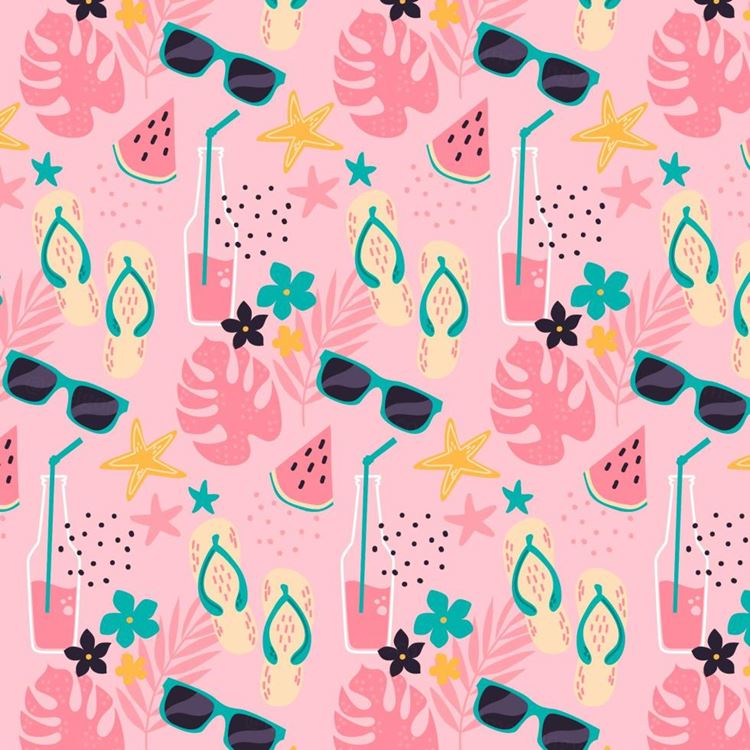 夏季暑假夏天西瓜冰淇淋水果饮料女孩夏日装饰无缝拼接图案素材