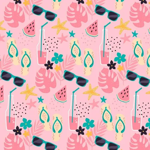 夏季暑假夏天西瓜冰淇淋水果饮料女孩夏日装饰无缝拼接图案素材