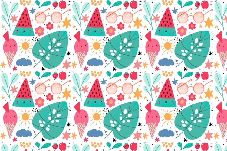 夏季暑假夏天西瓜冰淇淋水果饮料女孩夏日装饰无缝拼接图案素材