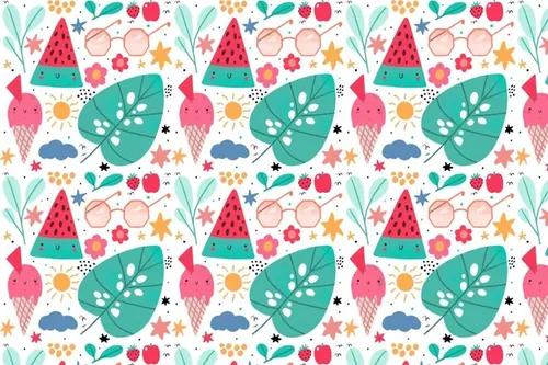 夏季暑假夏天西瓜冰淇淋水果饮料女孩夏日装饰无缝拼接图案素材