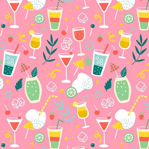 夏季暑假夏天海滩水果饮料火烈鸟夏日装饰无缝拼接图案素材 Su