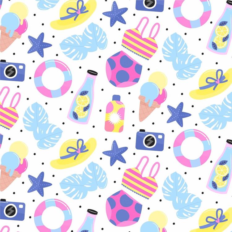 夏季暑假夏天海滩水果饮料火烈鸟夏日装饰无缝拼接图案素材 Su