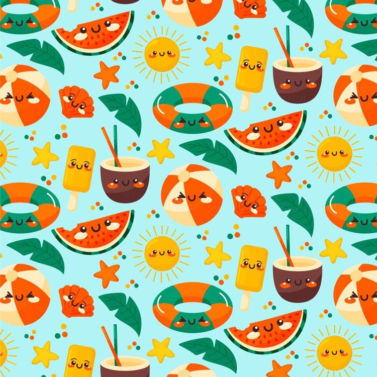 夏季暑假夏天西瓜冰淇淋水果饮料夏日装饰无缝拼接图案素材 Su