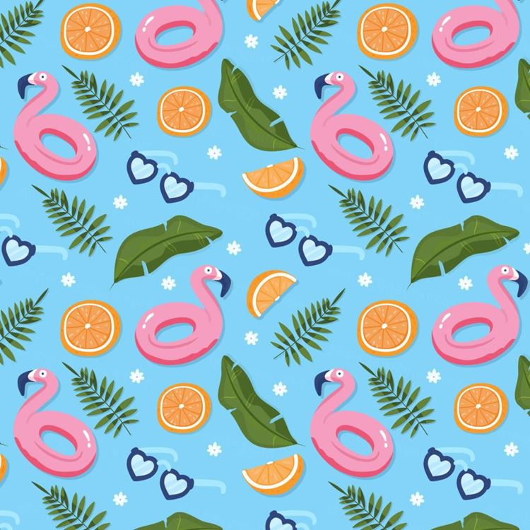 夏季暑假夏天沙滩海洋火烈鸟夏日装饰无缝拼接图案素材 Summ
