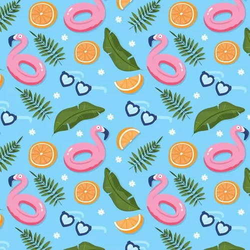 夏季暑假夏天沙滩海洋火烈鸟夏日装饰无缝拼接图案素材 Summ