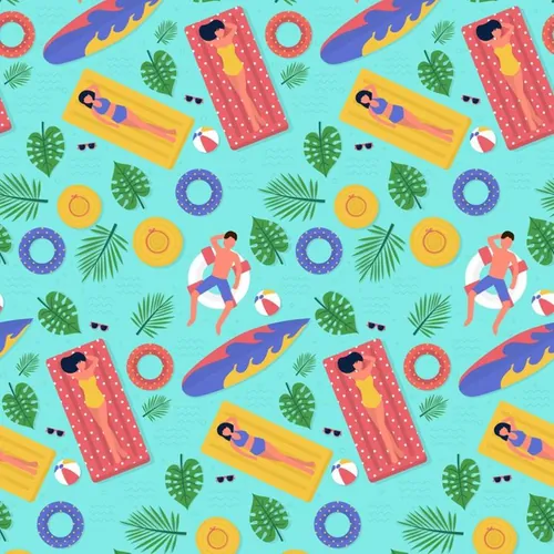 夏季暑假夏天比基尼女孩沙滩短裤男孩夏日装饰无缝拼接图案素材