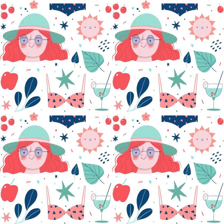 夏季暑假夏天比基尼女孩饮料夏日装饰无缝拼接图案素材 Summ