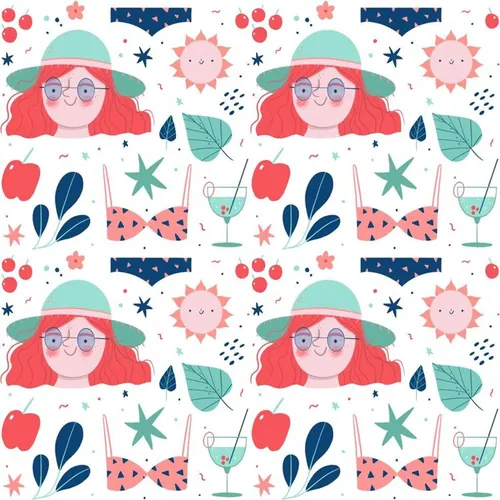 夏季暑假夏天比基尼女孩饮料夏日装饰无缝拼接图案素材 Summ