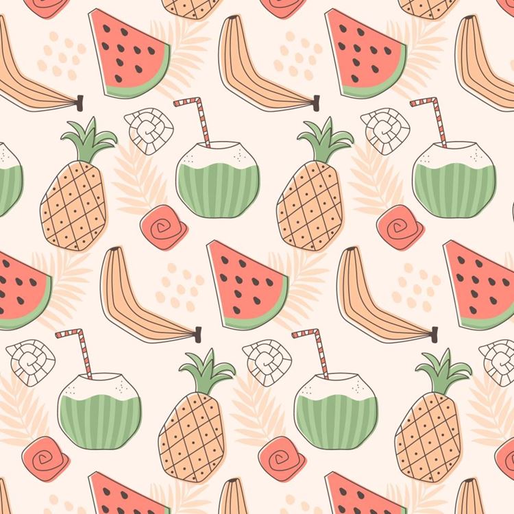 夏季暑假夏天西瓜香蕉椰汁夏日水果装饰无缝拼接图案素材 Sum