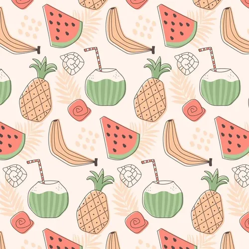 夏季暑假夏天西瓜香蕉椰汁夏日水果装饰无缝拼接图案素材 Sum