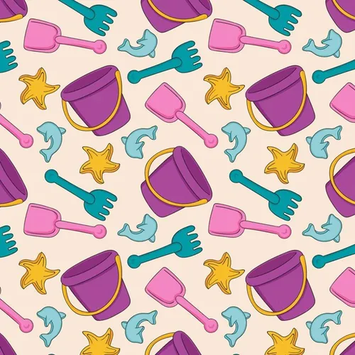 夏季暑假夏天海滩水桶小铲子儿童玩具夏日装饰无缝拼接图案素材