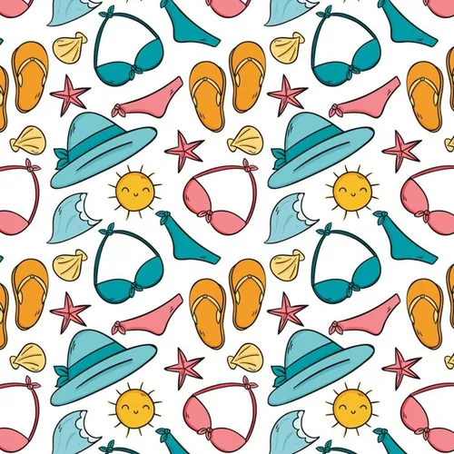 夏季暑假夏天比基尼遮阳帽拖鞋泳裤夏日装饰无缝拼接图案素材 S