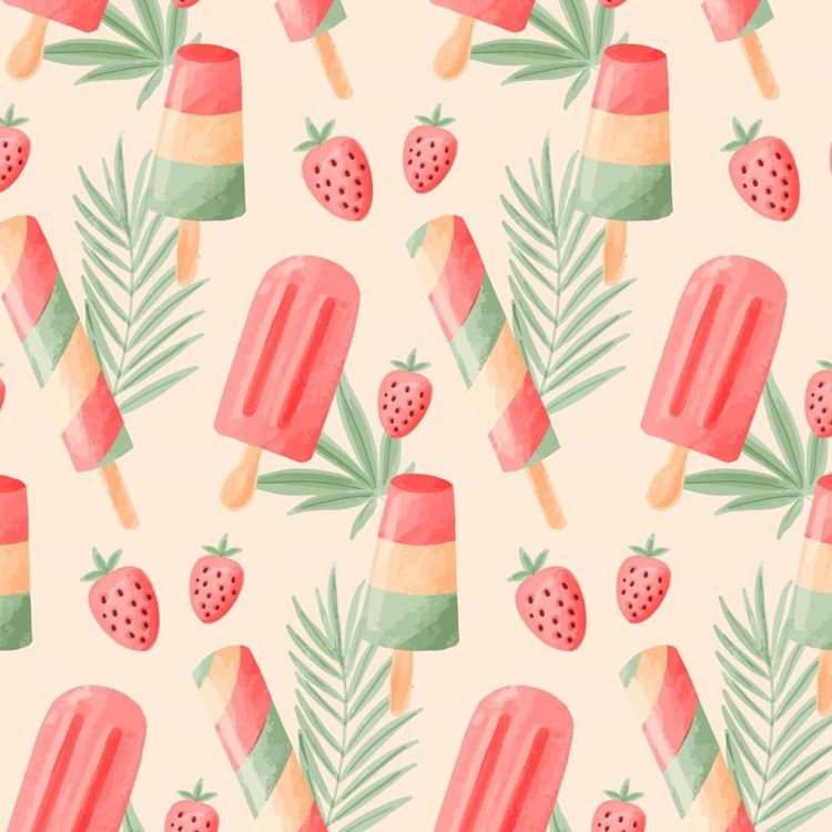 夏季暑假夏天冰淇淋雪糕草莓夏日水果装饰无缝拼接图案素材 Su