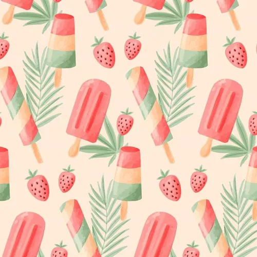 夏季暑假夏天冰淇淋雪糕草莓夏日水果装饰无缝拼接图案素材 Su