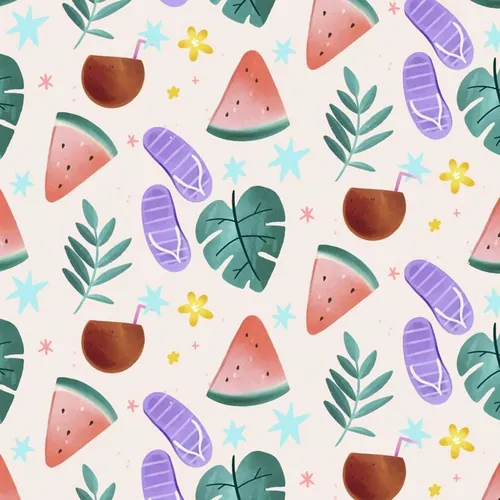 夏季暑假夏天西瓜拖鞋椰汁夏日装饰无缝拼接图案素材 Summe