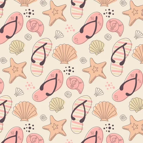 夏季暑假夏天拖鞋海星海贝夏日装饰无缝拼接图案素材 Summe