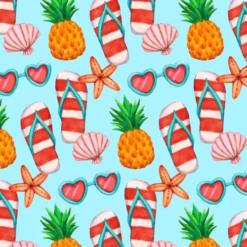 夏季暑假夏天海滩水果饮料夏日装饰无缝拼接图案素材 Summe